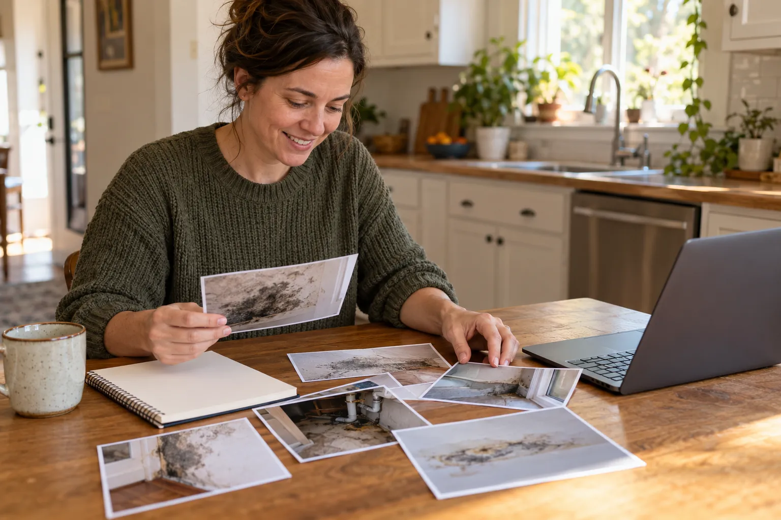 Homeowner organizing mold photos and notes at a table in the Atlanta area