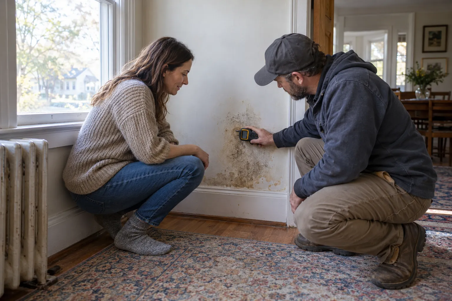Homeowner showing a damp wall to a mold inspector in Atlanta